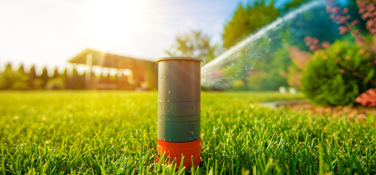 Sprinkler watering beautiful lawn during sunset